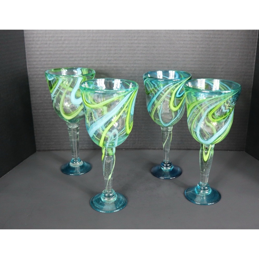 Set Of 4 Matching Hand Blown Mexican Blue/Green Swirl Margarita Glasses 9.5 in. - Picture 5 of 9